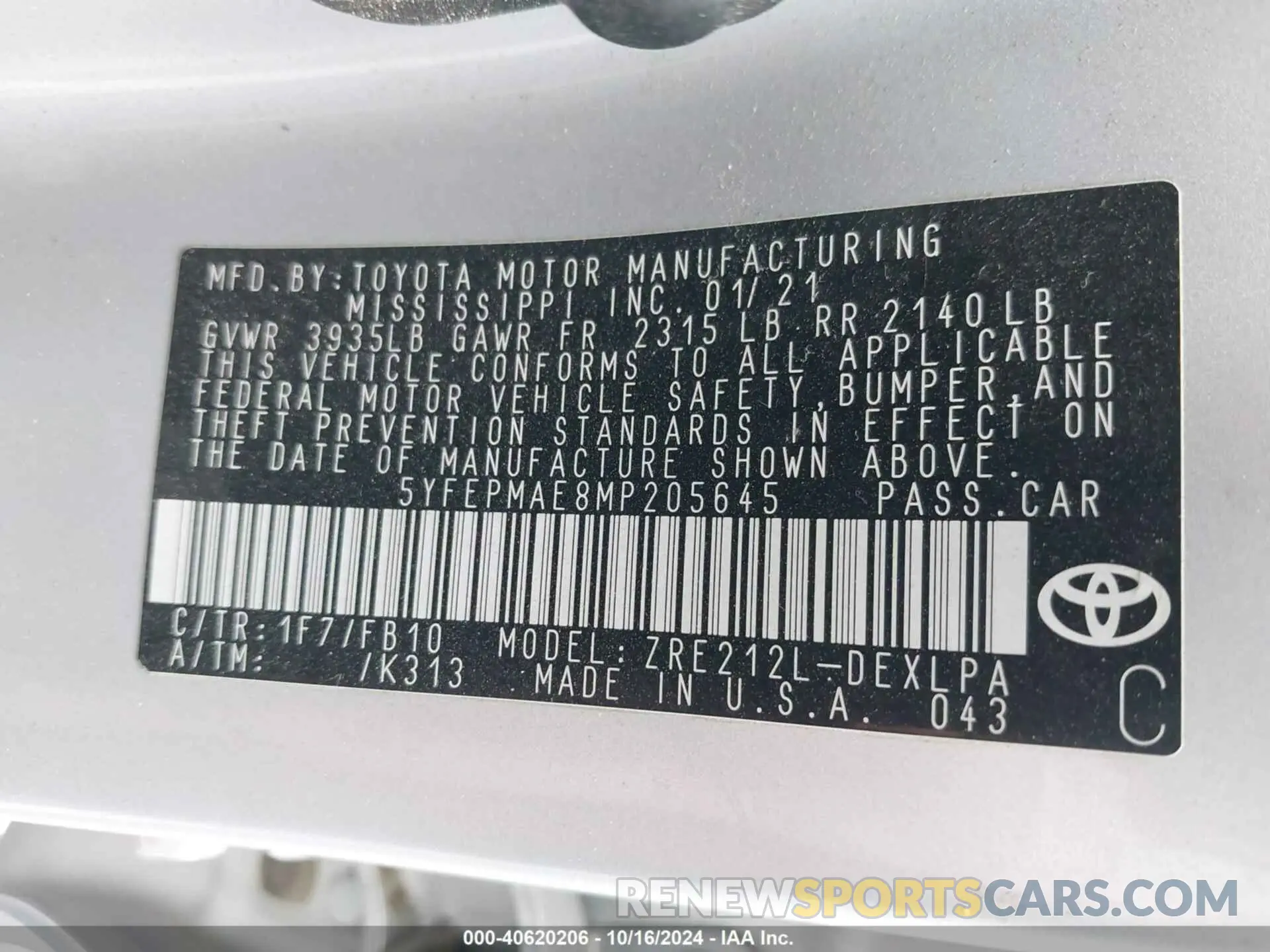 9 Фотография поврежденного автомобиля 5YFEPMAE8MP205645 TOYOTA COROLLA 2021