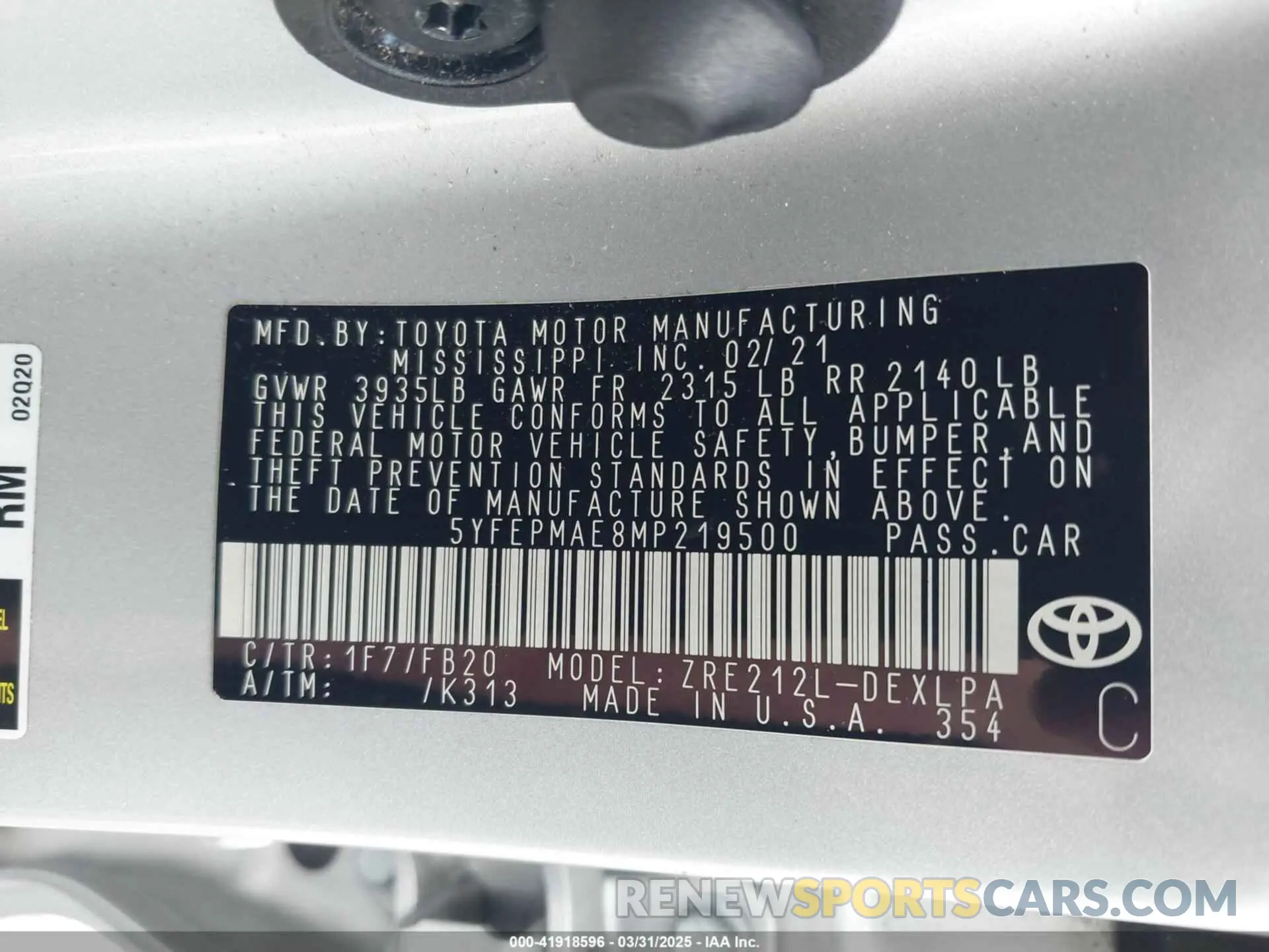 9 Фотография поврежденного автомобиля 5YFEPMAE8MP219500 TOYOTA COROLLA 2021