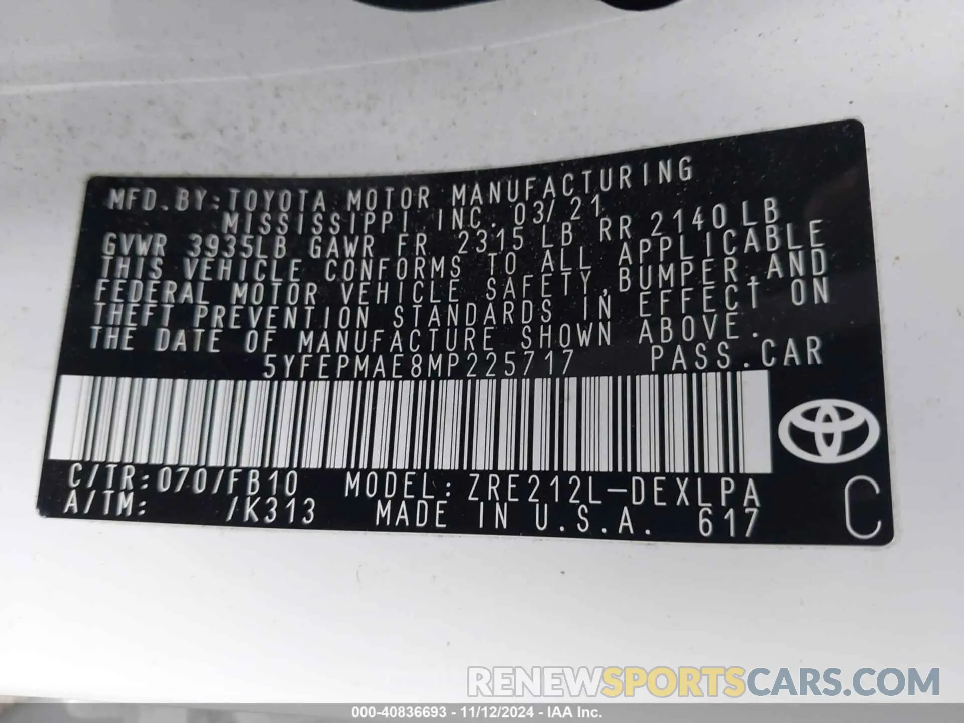 9 Photograph of a damaged car 5YFEPMAE8MP225717 TOYOTA COROLLA 2021