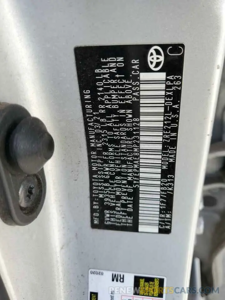 12 Фотография поврежденного автомобиля 5YFEPMAE8MP231128 TOYOTA COROLLA 2021