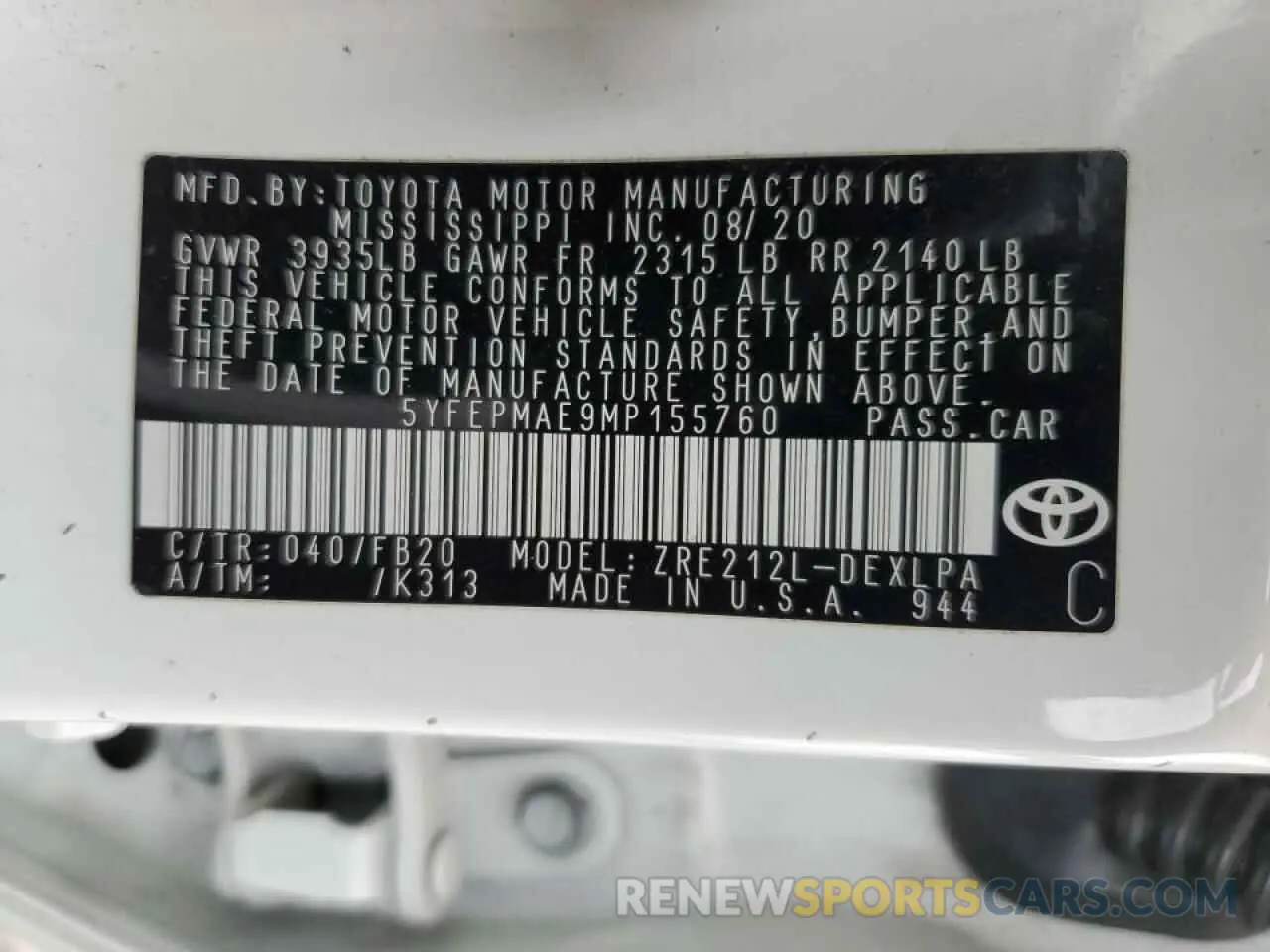 13 Photograph of a damaged car 5YFEPMAE9MP155760 TOYOTA COROLLA 2021