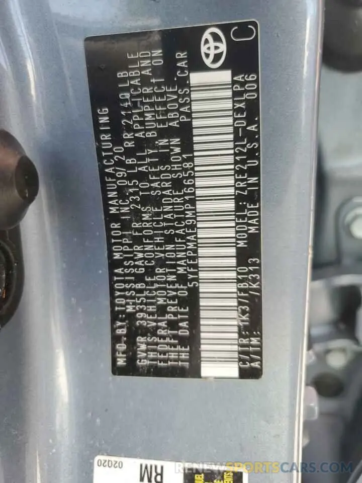 13 Photograph of a damaged car 5YFEPMAE9MP166581 TOYOTA COROLLA 2021
