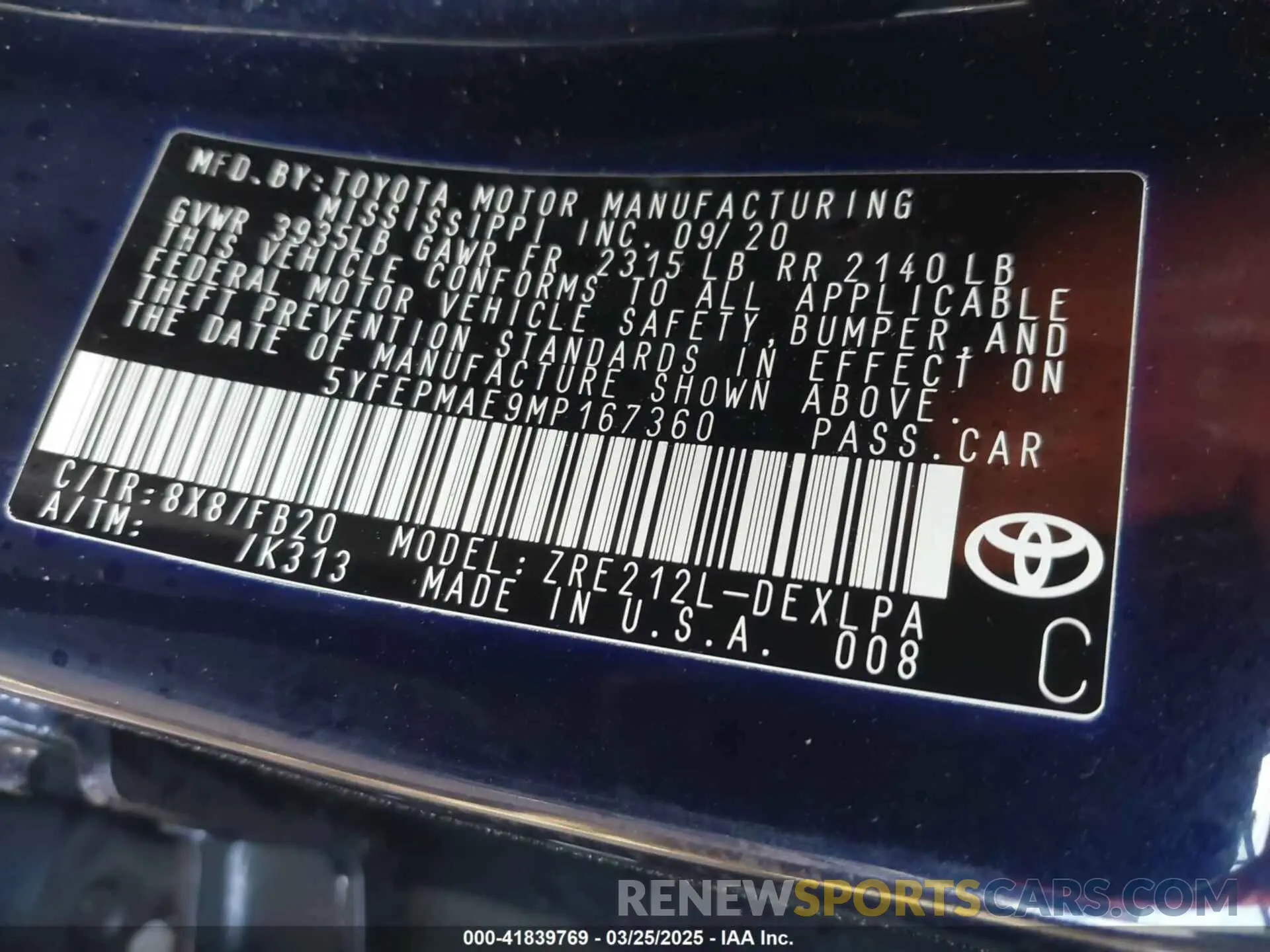 9 Фотография поврежденного автомобиля 5YFEPMAE9MP167360 TOYOTA COROLLA 2021
