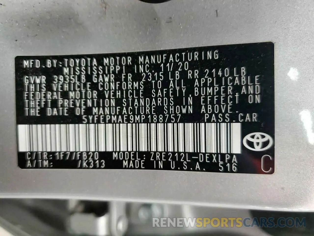 13 Фотография поврежденного автомобиля 5YFEPMAE9MP188757 TOYOTA COROLLA 2021