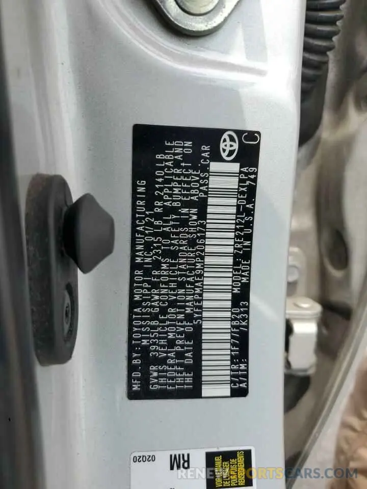 12 Фотография поврежденного автомобиля 5YFEPMAE9MP206173 TOYOTA COROLLA 2021
