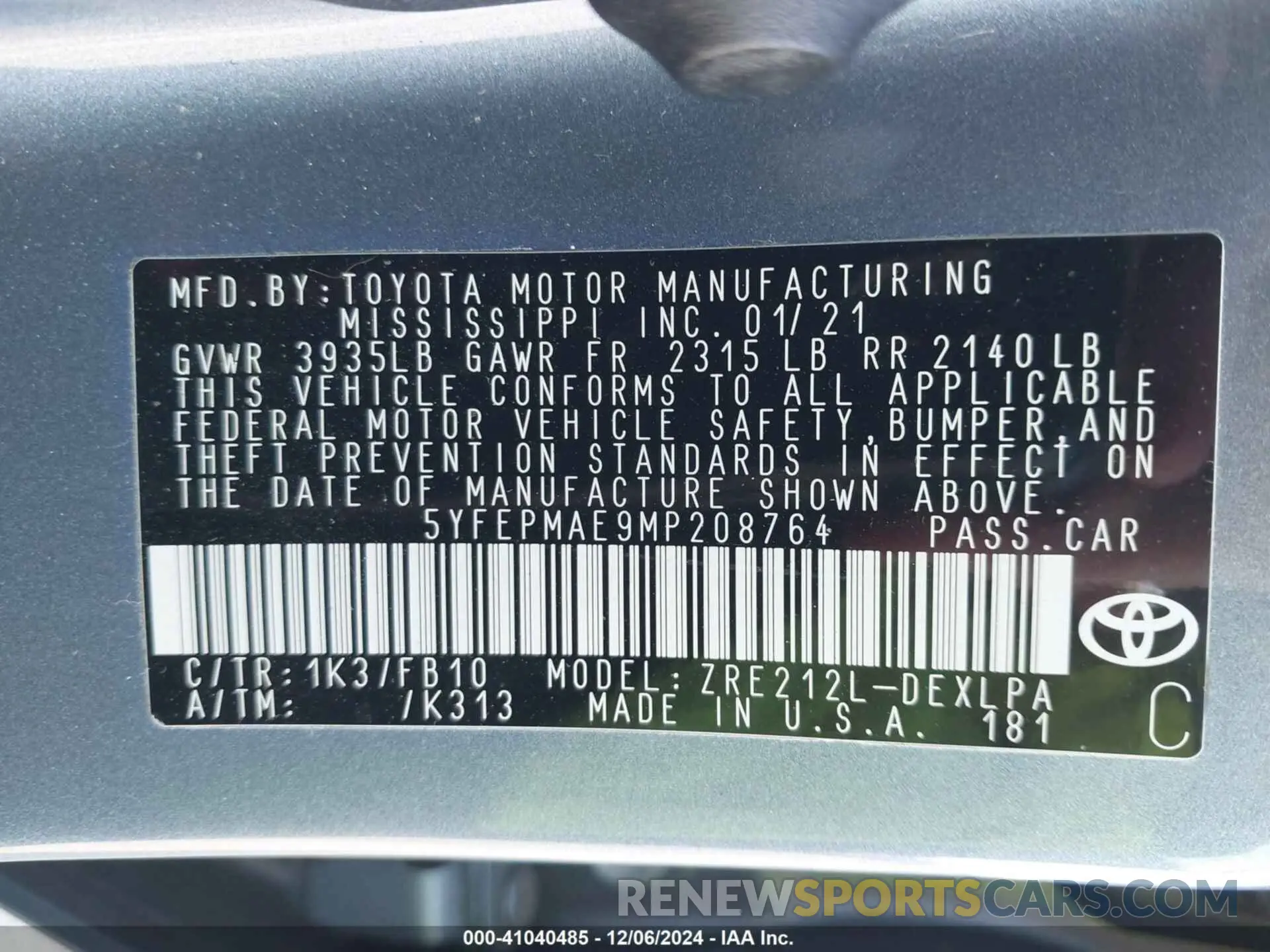 9 Photograph of a damaged car 5YFEPMAE9MP208764 TOYOTA COROLLA 2021