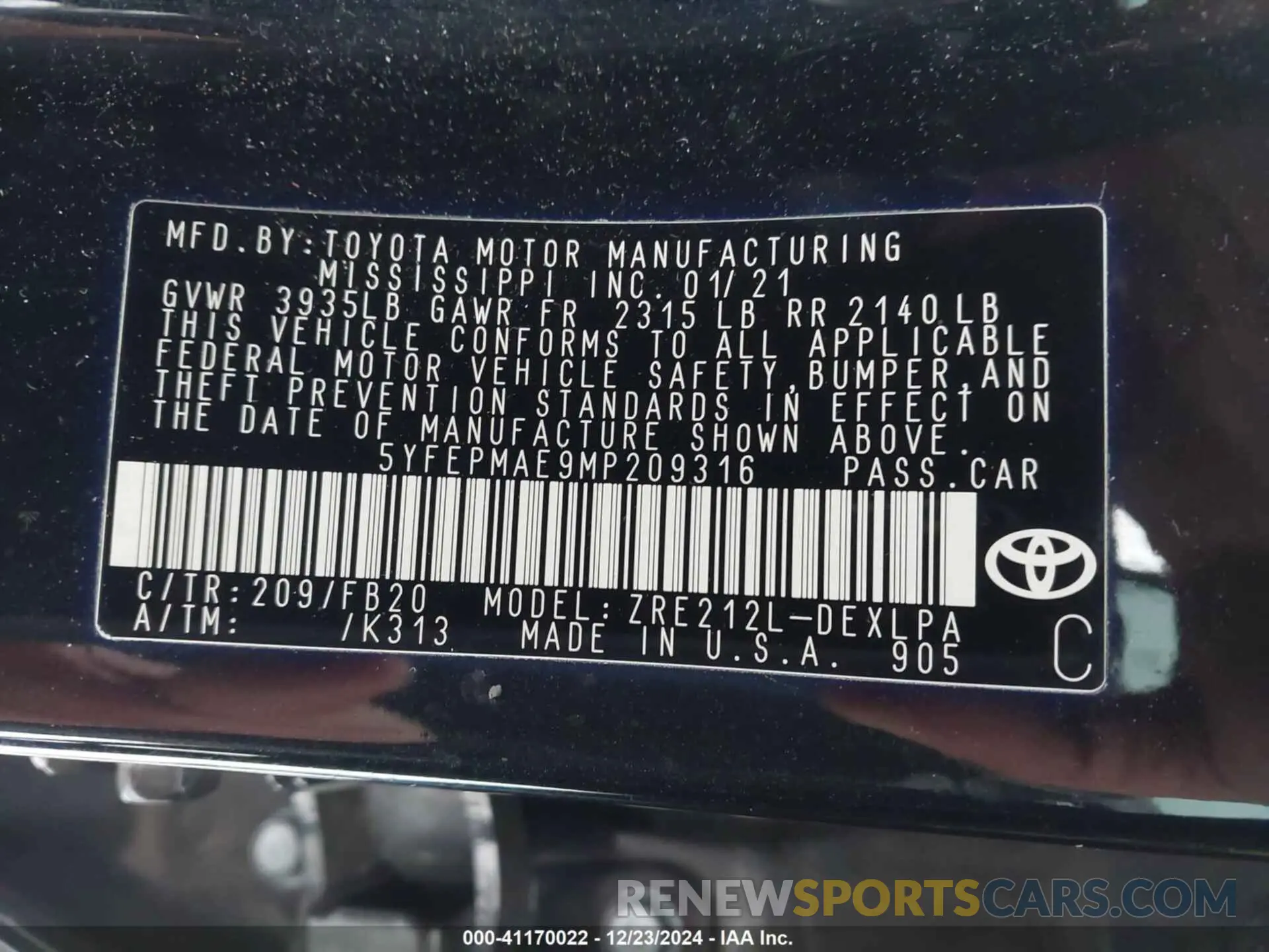 9 Photograph of a damaged car 5YFEPMAE9MP209316 TOYOTA COROLLA 2021