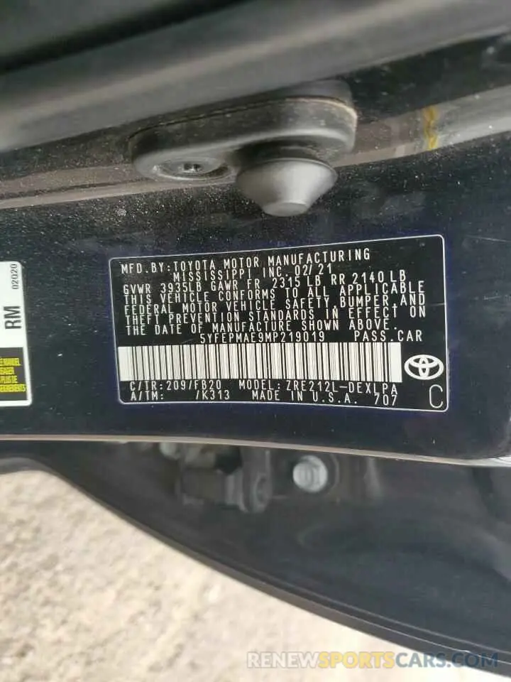 12 Photograph of a damaged car 5YFEPMAE9MP219019 TOYOTA COROLLA 2021