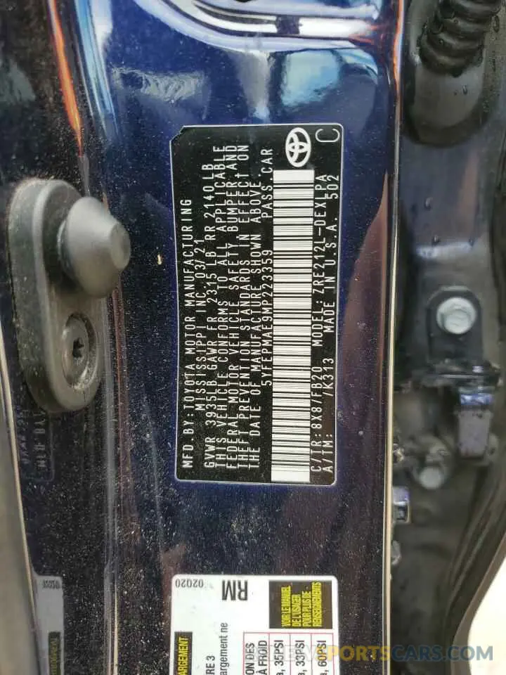 12 Photograph of a damaged car 5YFEPMAE9MP223359 TOYOTA COROLLA 2021