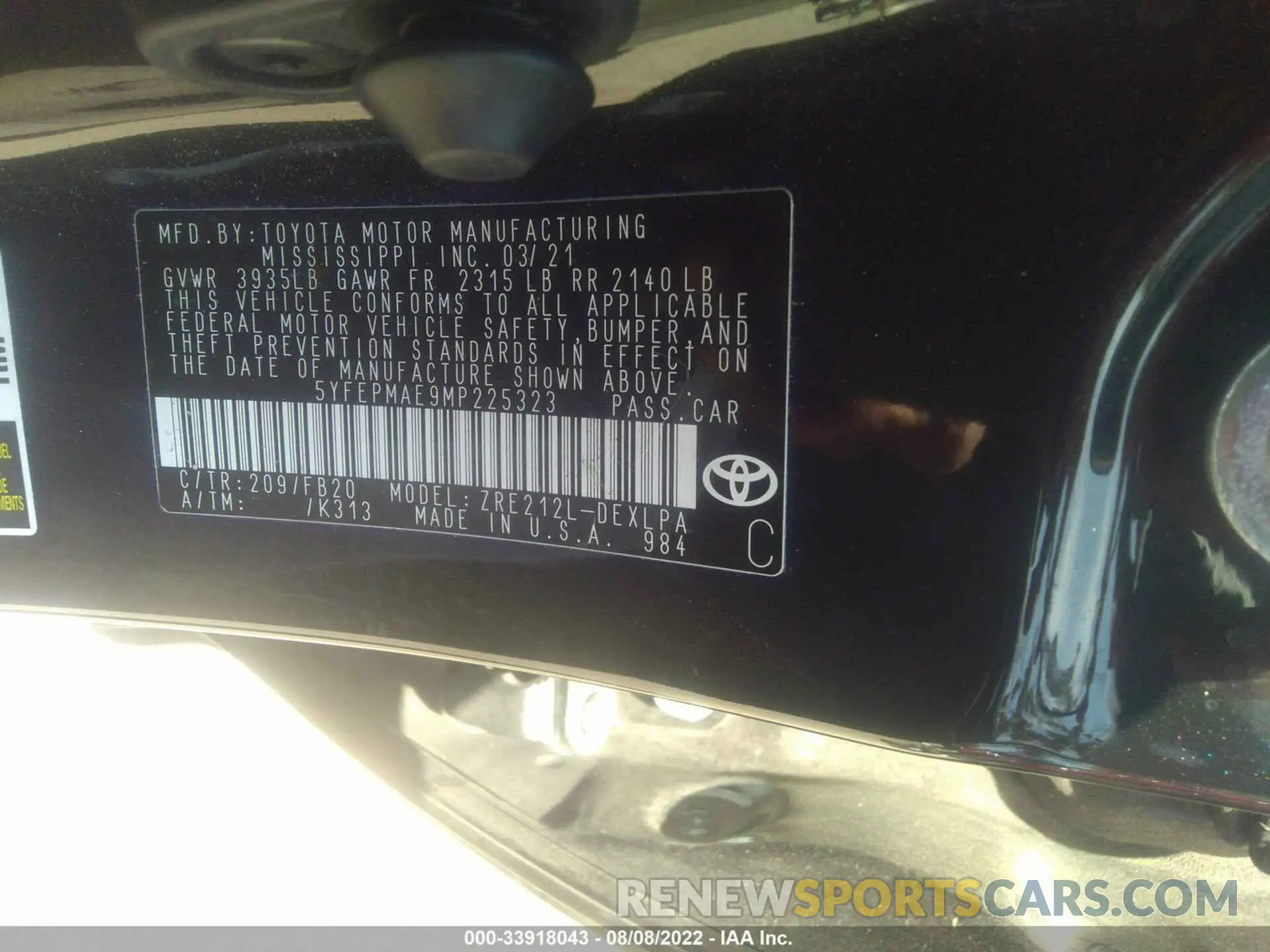 9 Photograph of a damaged car 5YFEPMAE9MP225323 TOYOTA COROLLA 2021