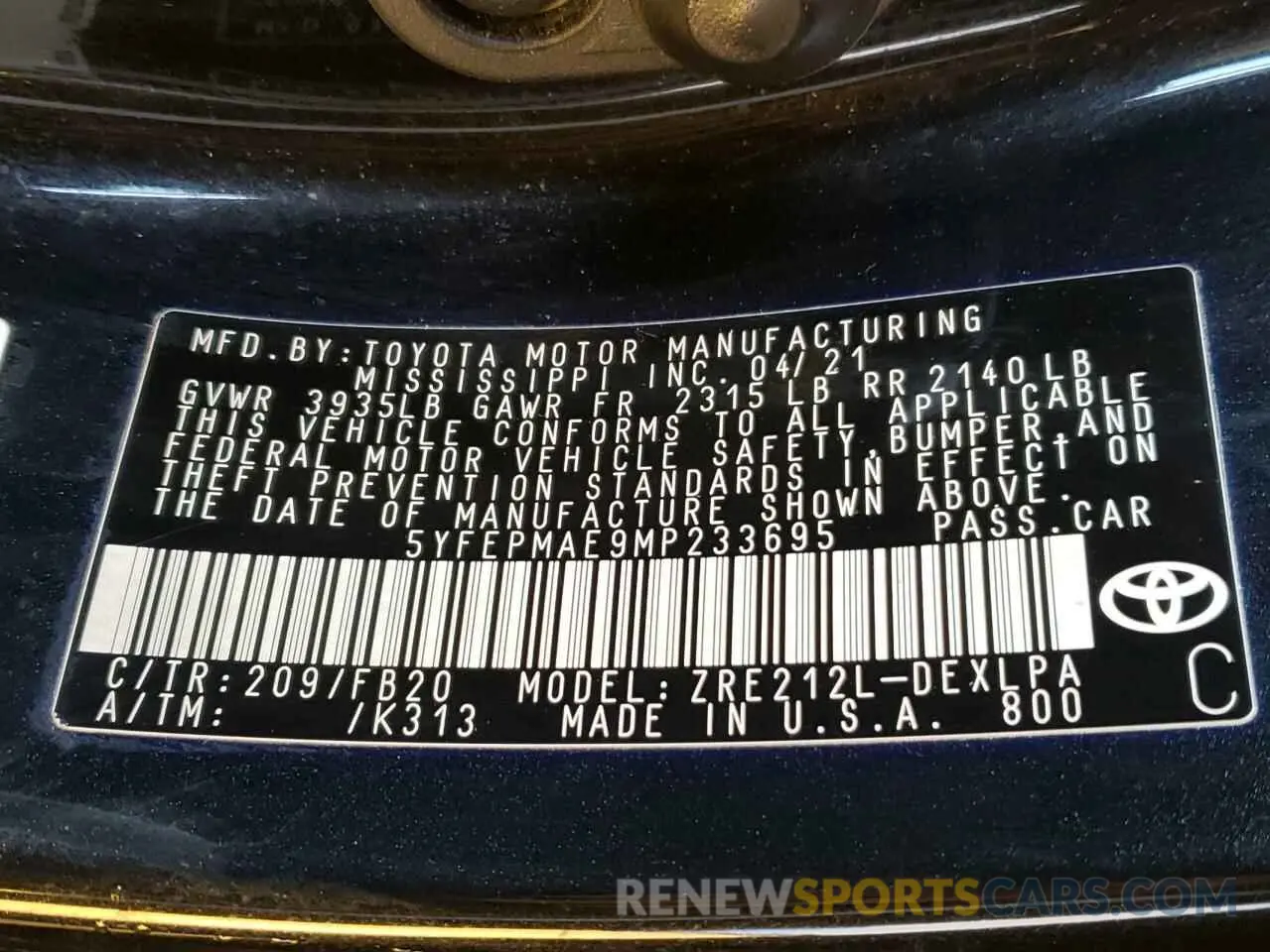 12 Фотография поврежденного автомобиля 5YFEPMAE9MP233695 TOYOTA COROLLA 2021