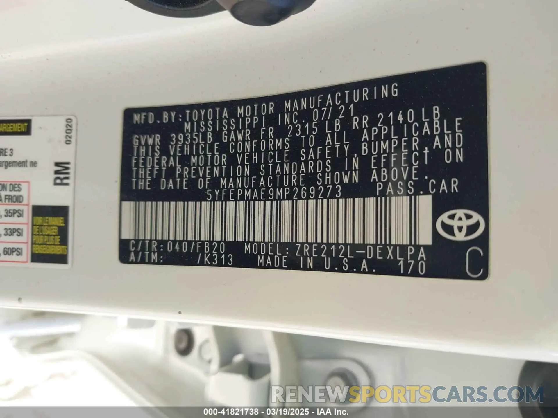 9 Photograph of a damaged car 5YFEPMAE9MP269273 TOYOTA COROLLA 2021