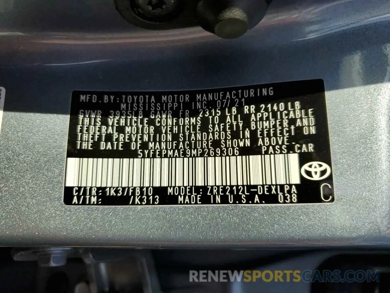10 Фотография поврежденного автомобиля 5YFEPMAE9MP269306 TOYOTA COROLLA 2021