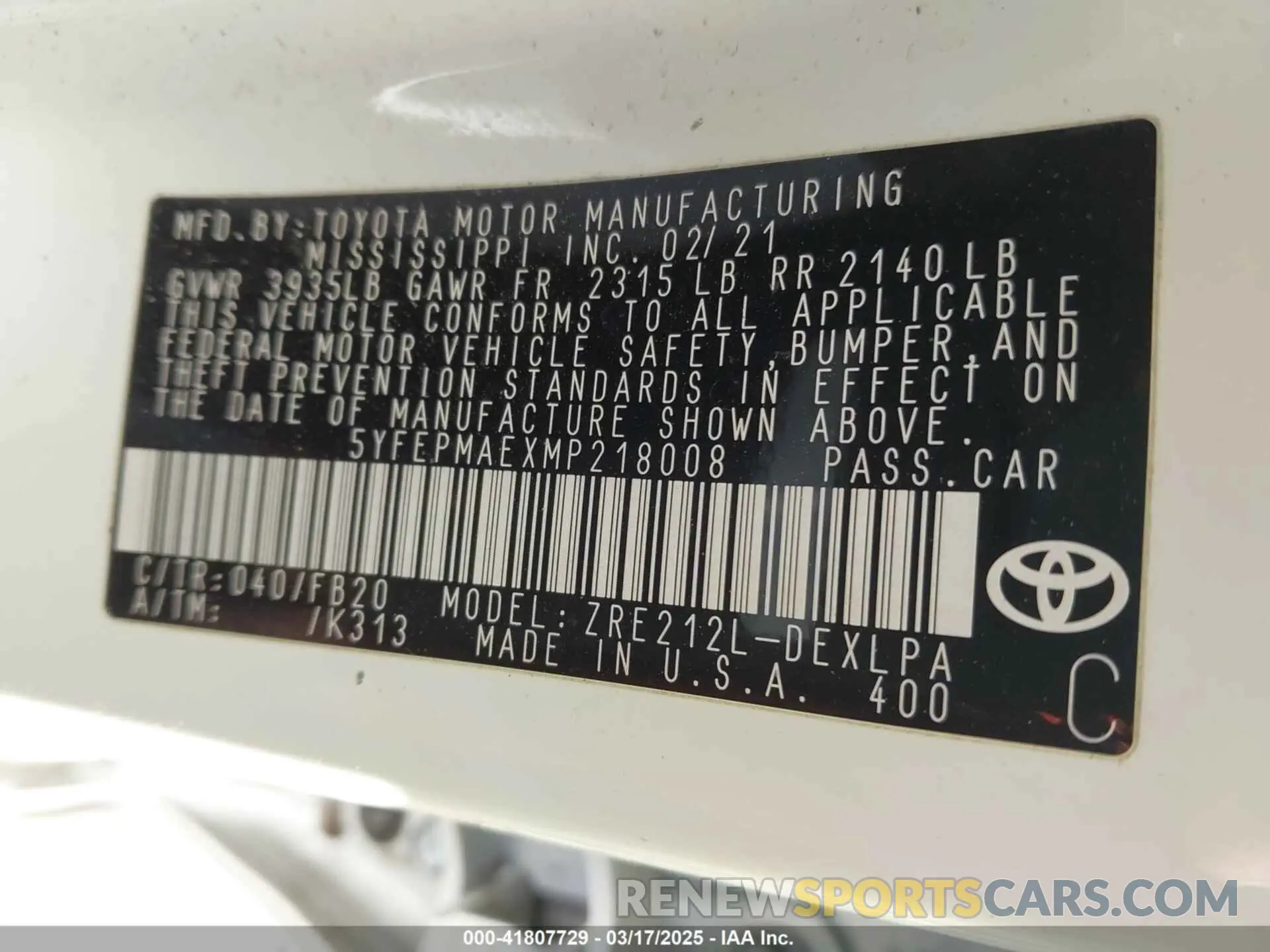 9 Фотография поврежденного автомобиля 5YFEPMAEXMP218008 TOYOTA COROLLA 2021