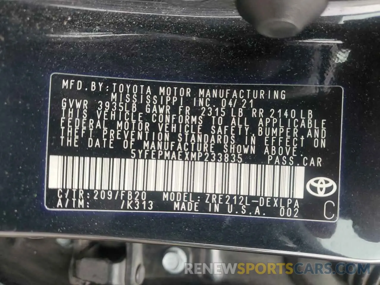 12 Photograph of a damaged car 5YFEPMAEXMP233835 TOYOTA COROLLA 2021