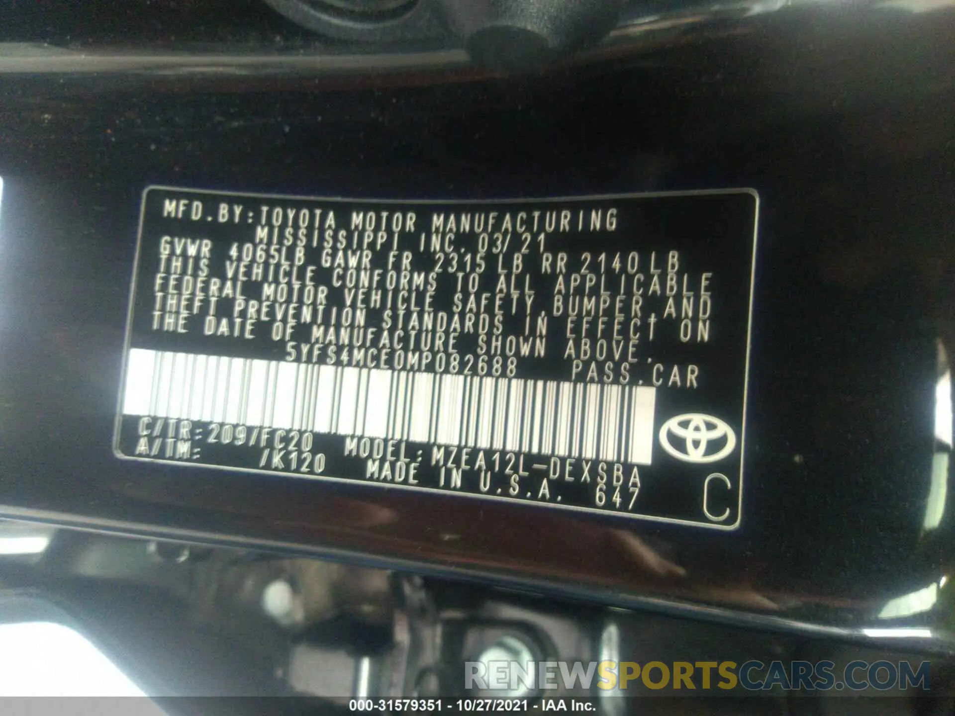 9 Photograph of a damaged car 5YFS4MCE0MP082688 TOYOTA COROLLA 2021