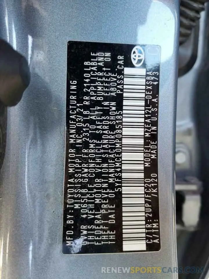 14 Photograph of a damaged car 5YFS4MCE0MP085185 TOYOTA COROLLA 2021