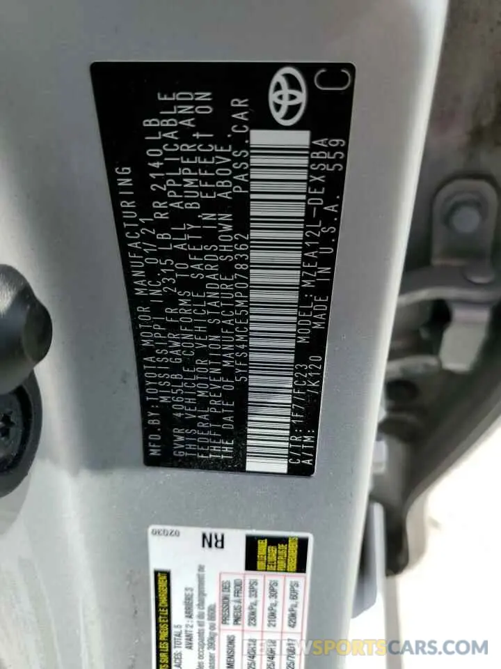 12 Фотография поврежденного автомобиля 5YFS4MCE5MP078362 TOYOTA COROLLA 2021