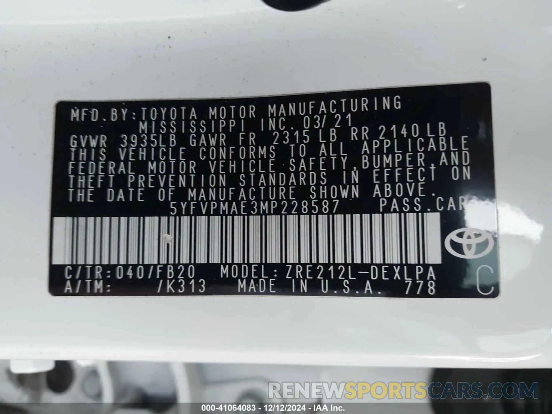9 Фотография поврежденного автомобиля 5YFVPMAE3MP228587 TOYOTA COROLLA 2021