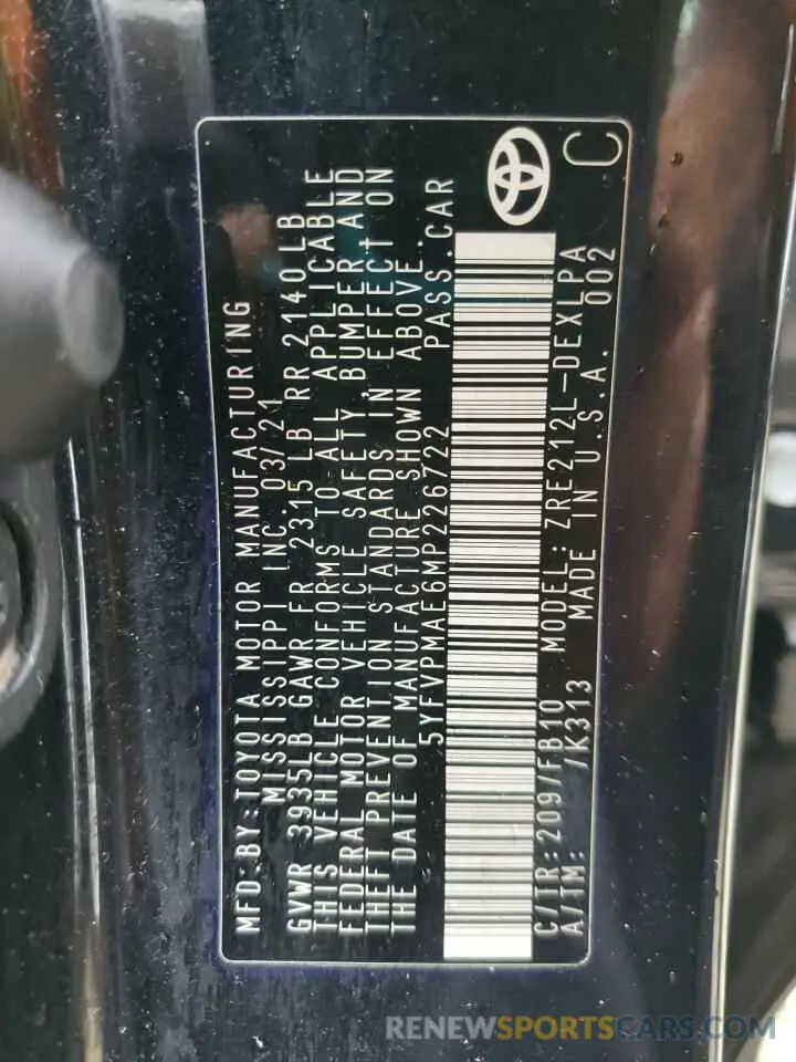 12 Photograph of a damaged car 5YFVPMAE6MP226722 TOYOTA COROLLA 2021
