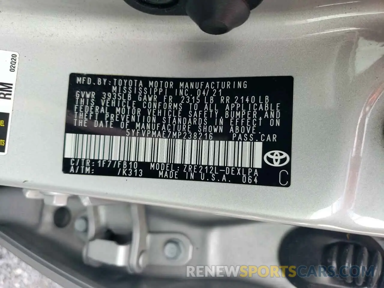 12 Photograph of a damaged car 5YFVPMAE7MP238216 TOYOTA COROLLA 2021
