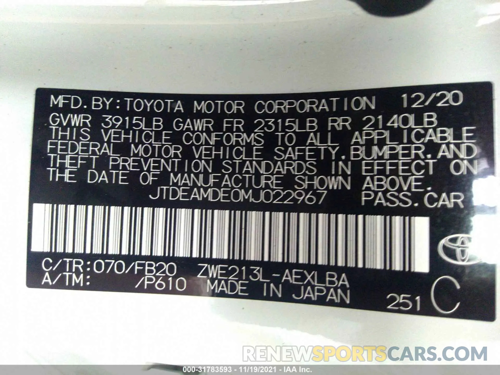 9 Photograph of a damaged car JTDEAMDE0MJ022967 TOYOTA COROLLA 2021