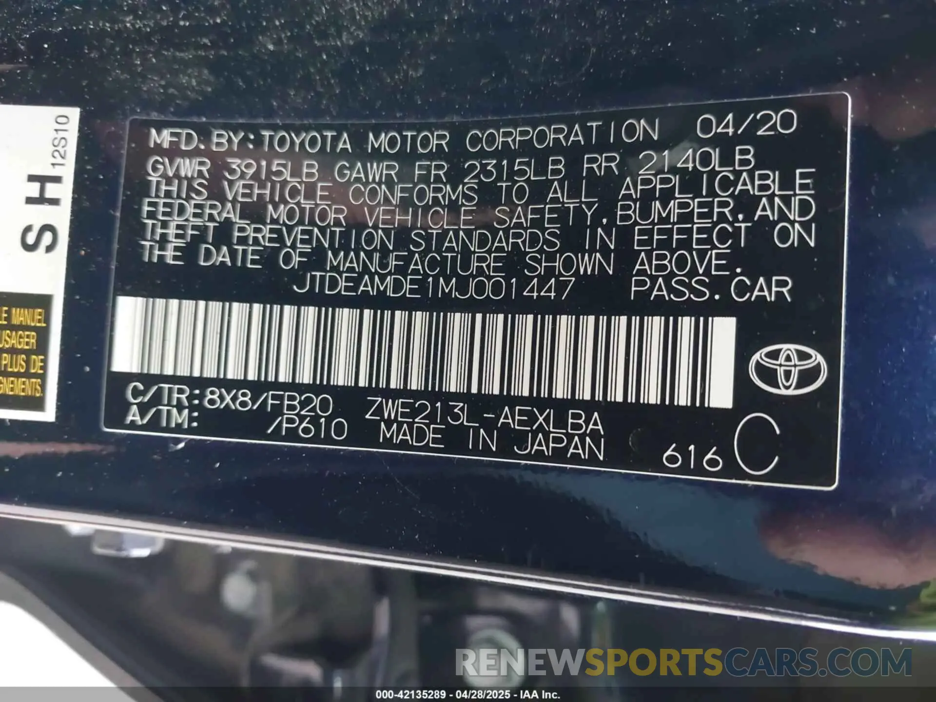 9 Photograph of a damaged car JTDEAMDE1MJ001447 TOYOTA COROLLA 2021