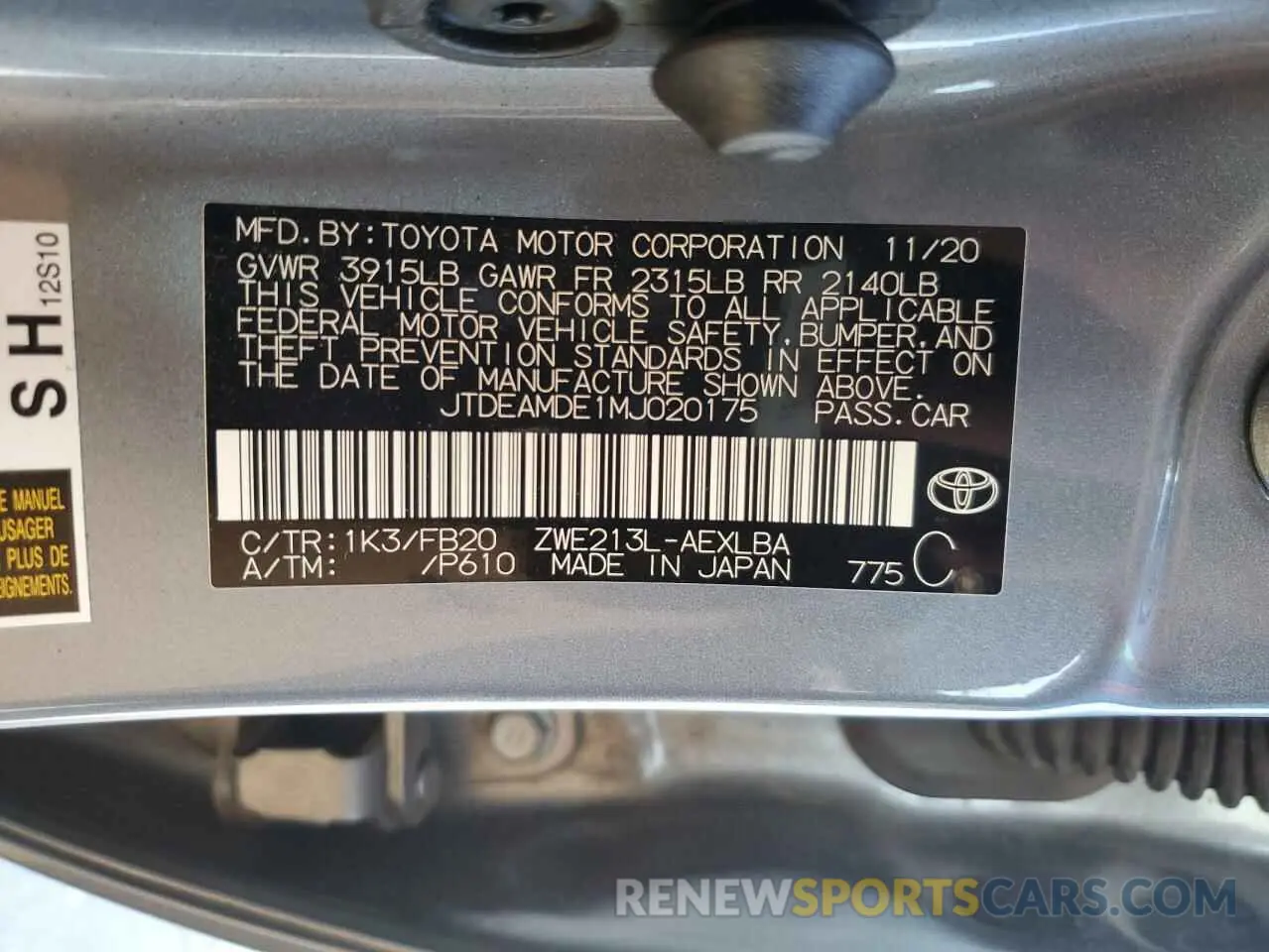 12 Photograph of a damaged car JTDEAMDE1MJ020175 TOYOTA COROLLA 2021
