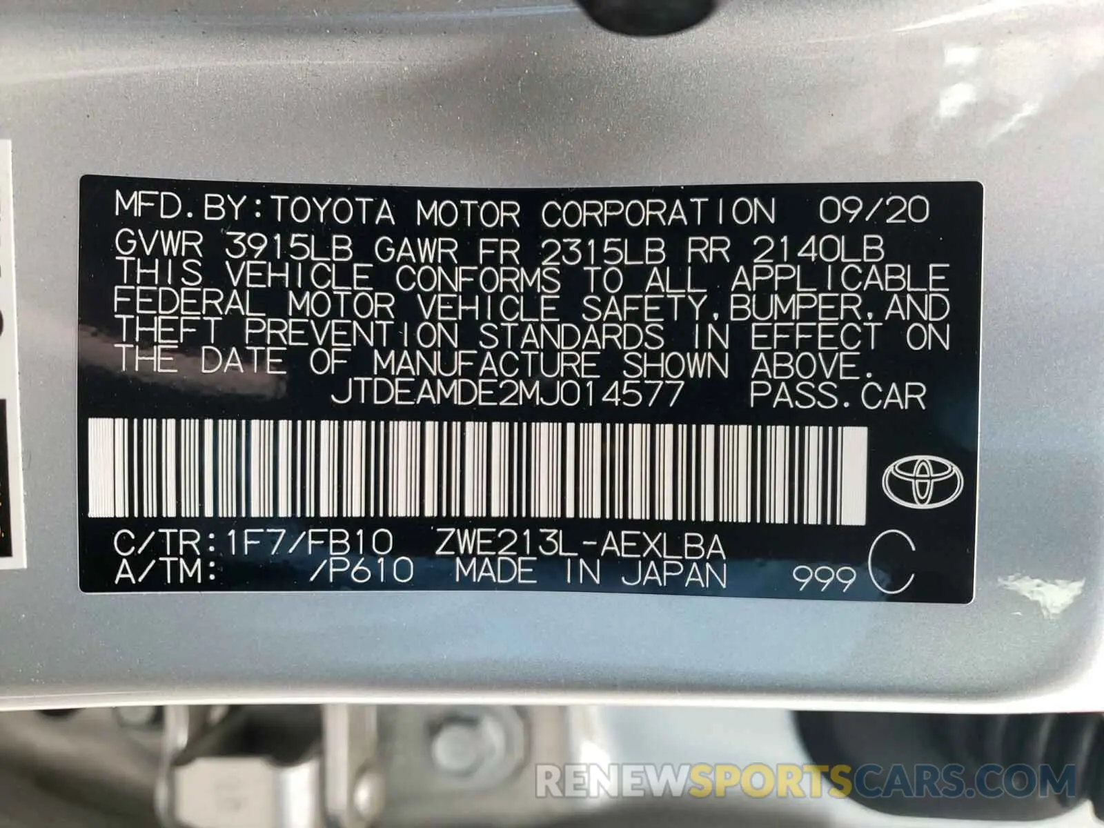 10 Photograph of a damaged car JTDEAMDE2MJ014577 TOYOTA COROLLA 2021