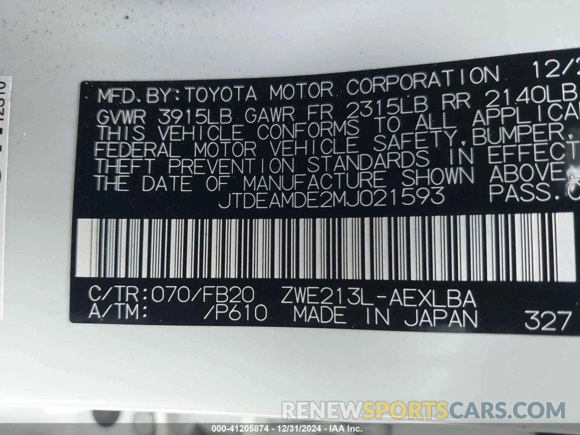 9 Photograph of a damaged car JTDEAMDE2MJ021593 TOYOTA COROLLA 2021