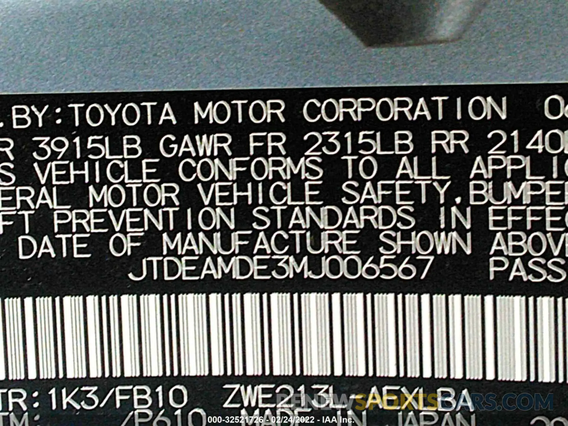 9 Photograph of a damaged car JTDEAMDE3MJ006567 TOYOTA COROLLA 2021