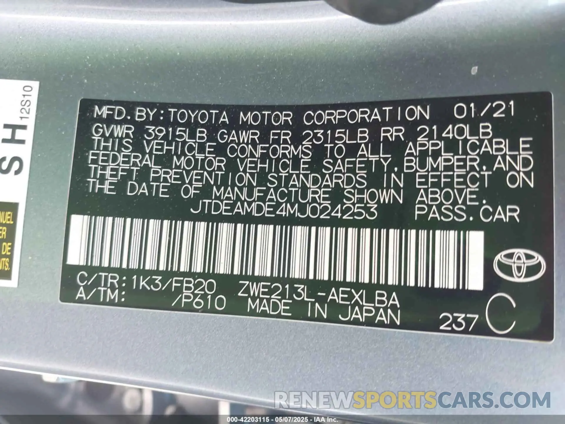 9 Photograph of a damaged car JTDEAMDE4MJ024253 TOYOTA COROLLA 2021