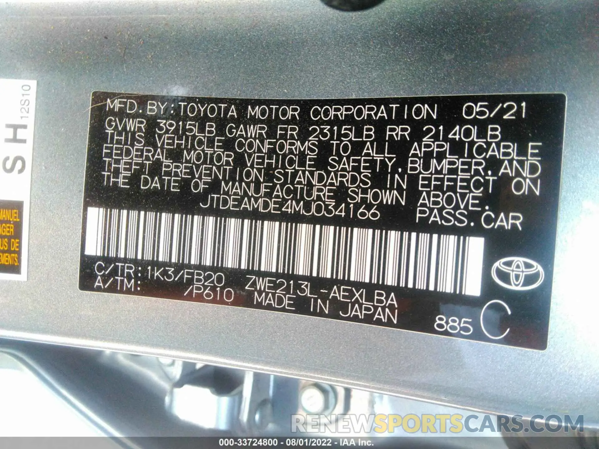 9 Photograph of a damaged car JTDEAMDE4MJ034166 TOYOTA COROLLA 2021