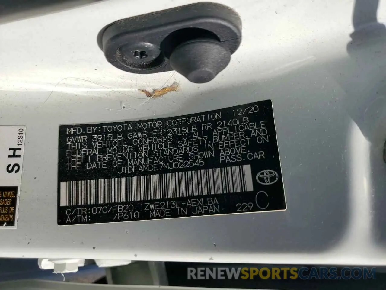 12 Photograph of a damaged car JTDEAMDE7MJ022545 TOYOTA COROLLA 2021