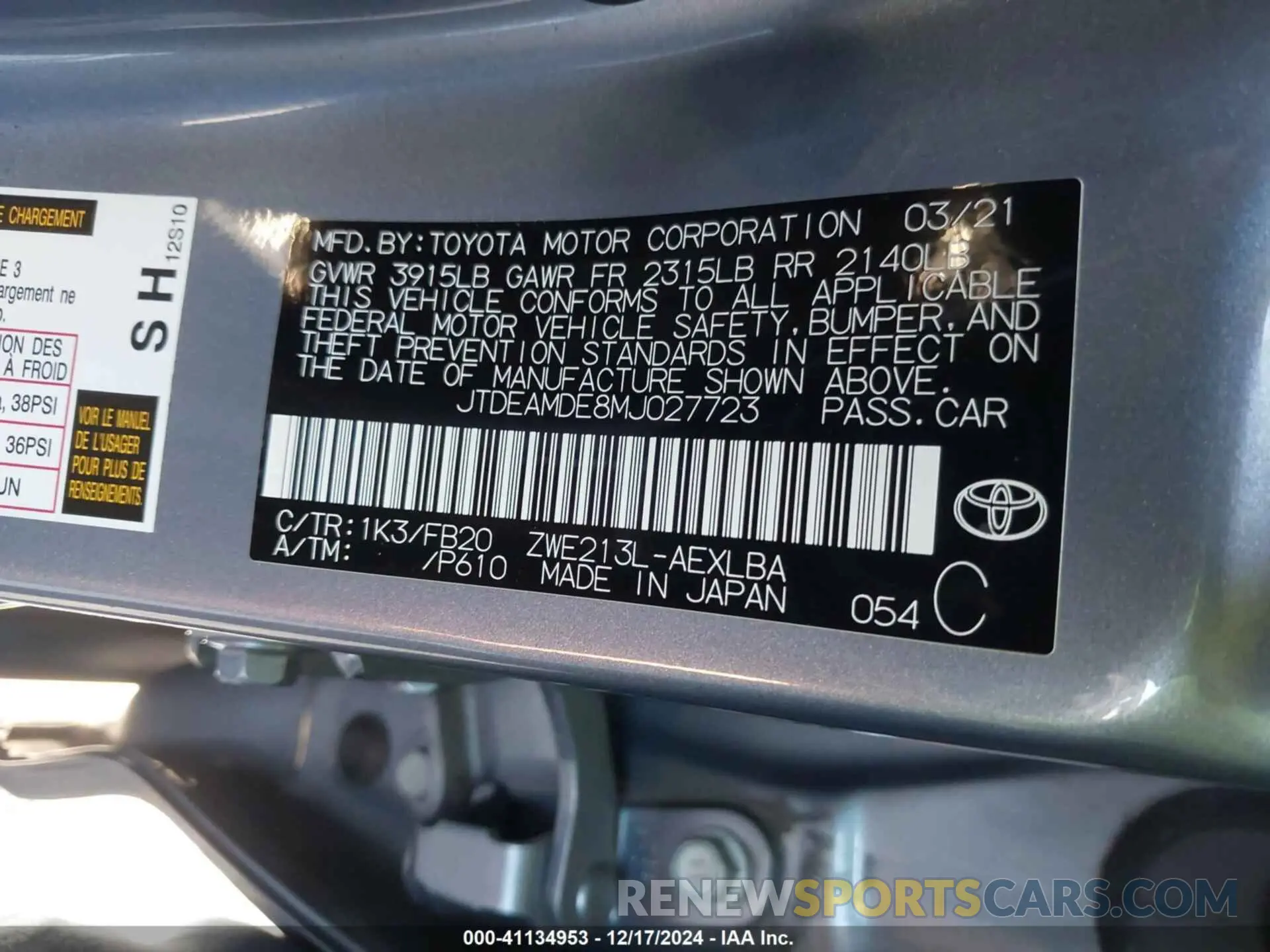 9 Фотография поврежденного автомобиля JTDEAMDE8MJ027723 TOYOTA COROLLA 2021
