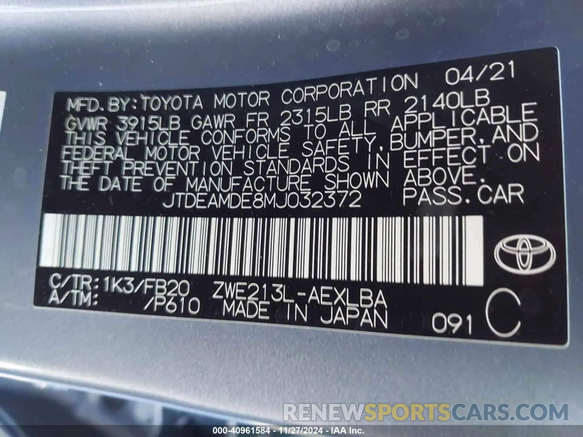9 Photograph of a damaged car JTDEAMDE8MJ032372 TOYOTA COROLLA 2021
