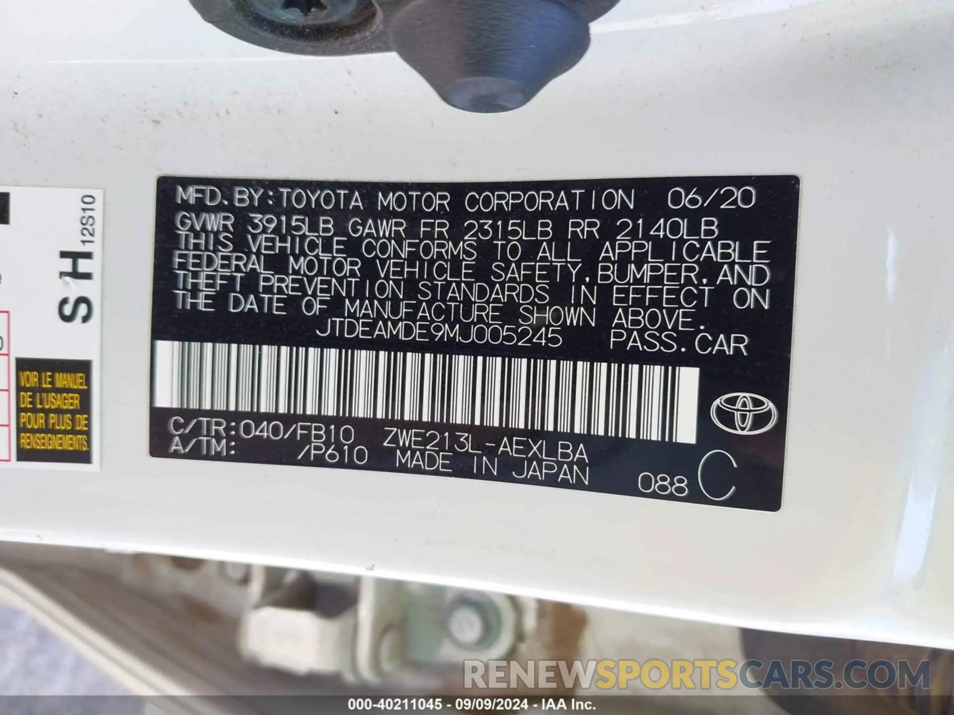 9 Photograph of a damaged car JTDEAMDE9MJ005245 TOYOTA COROLLA 2021