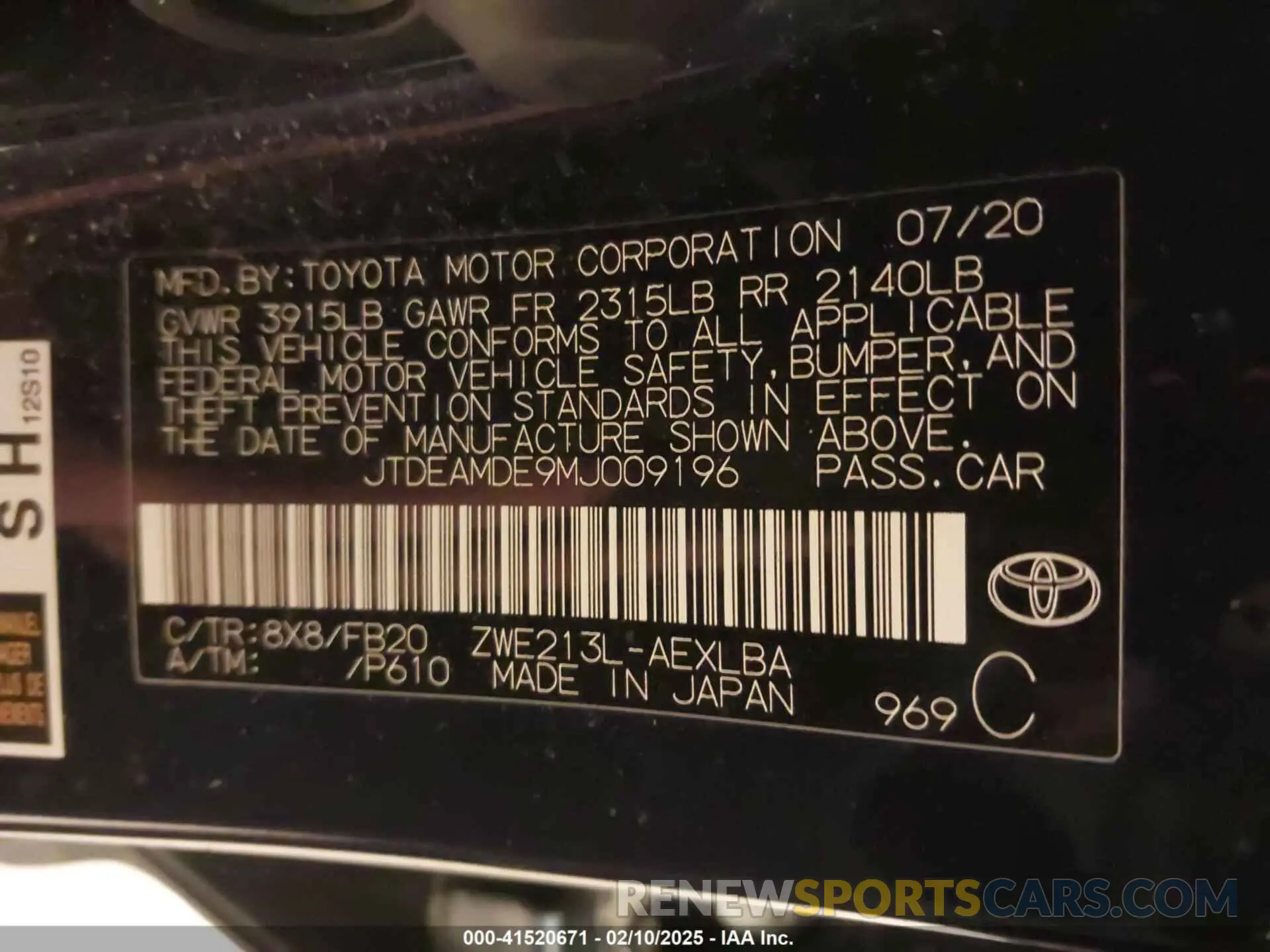 9 Photograph of a damaged car JTDEAMDE9MJ009196 TOYOTA COROLLA 2021