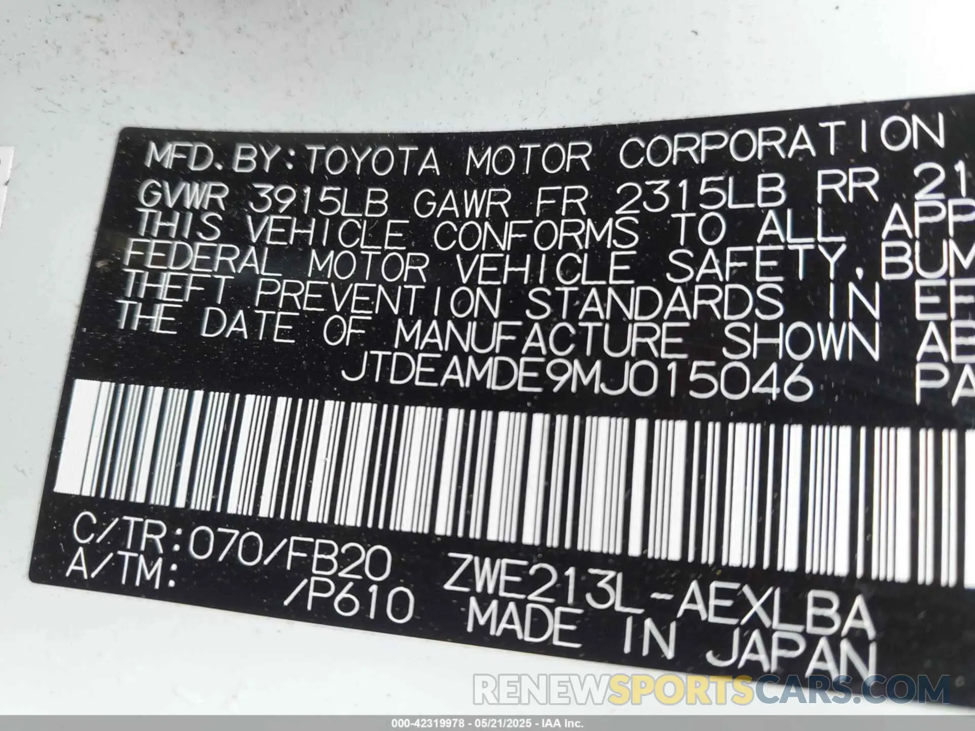 9 Фотография поврежденного автомобиля JTDEAMDE9MJ015046 TOYOTA COROLLA 2021