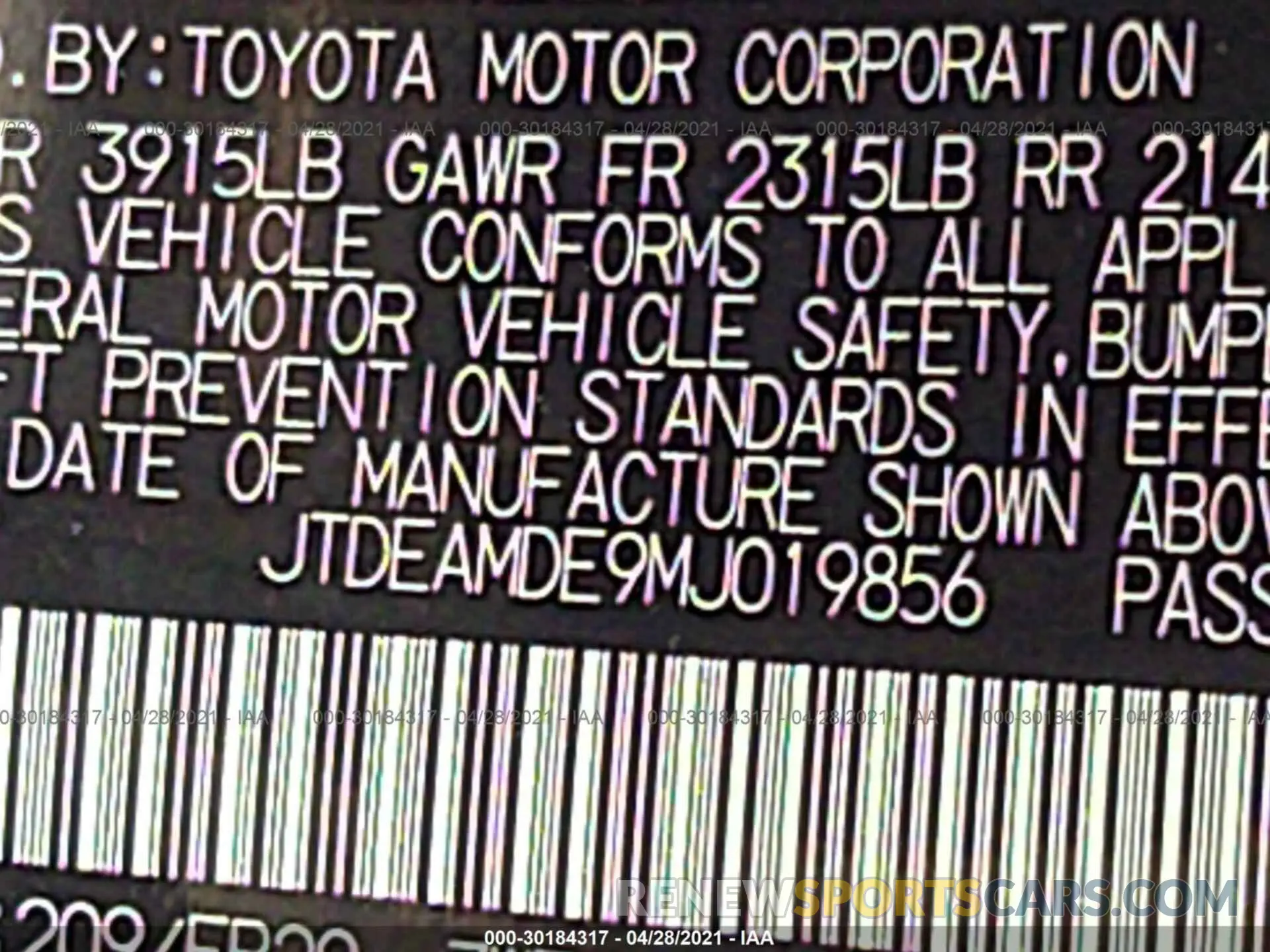 9 Photograph of a damaged car JTDEAMDE9MJ019856 TOYOTA COROLLA 2021