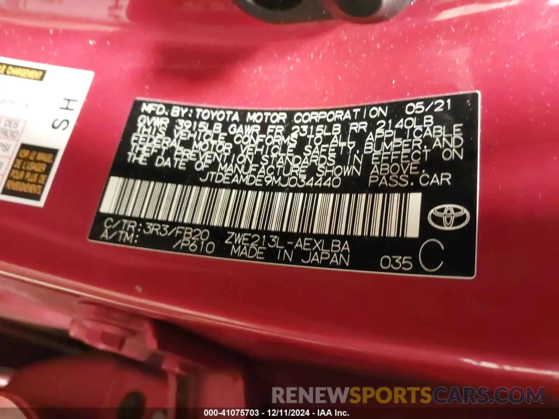 9 Photograph of a damaged car JTDEAMDE9MJ034440 TOYOTA COROLLA 2021