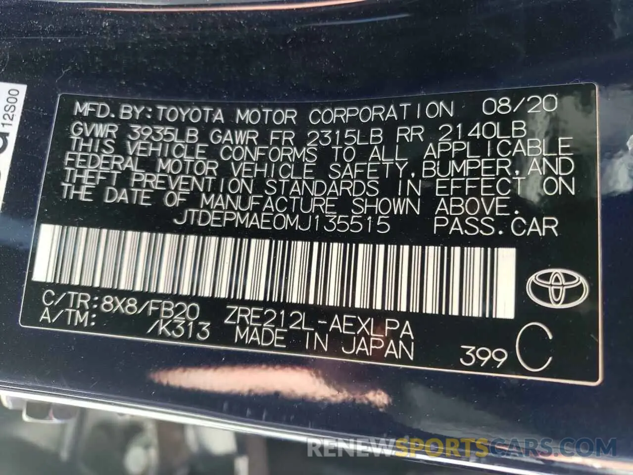 10 Photograph of a damaged car JTDEPMAE0MJ135515 TOYOTA COROLLA 2021