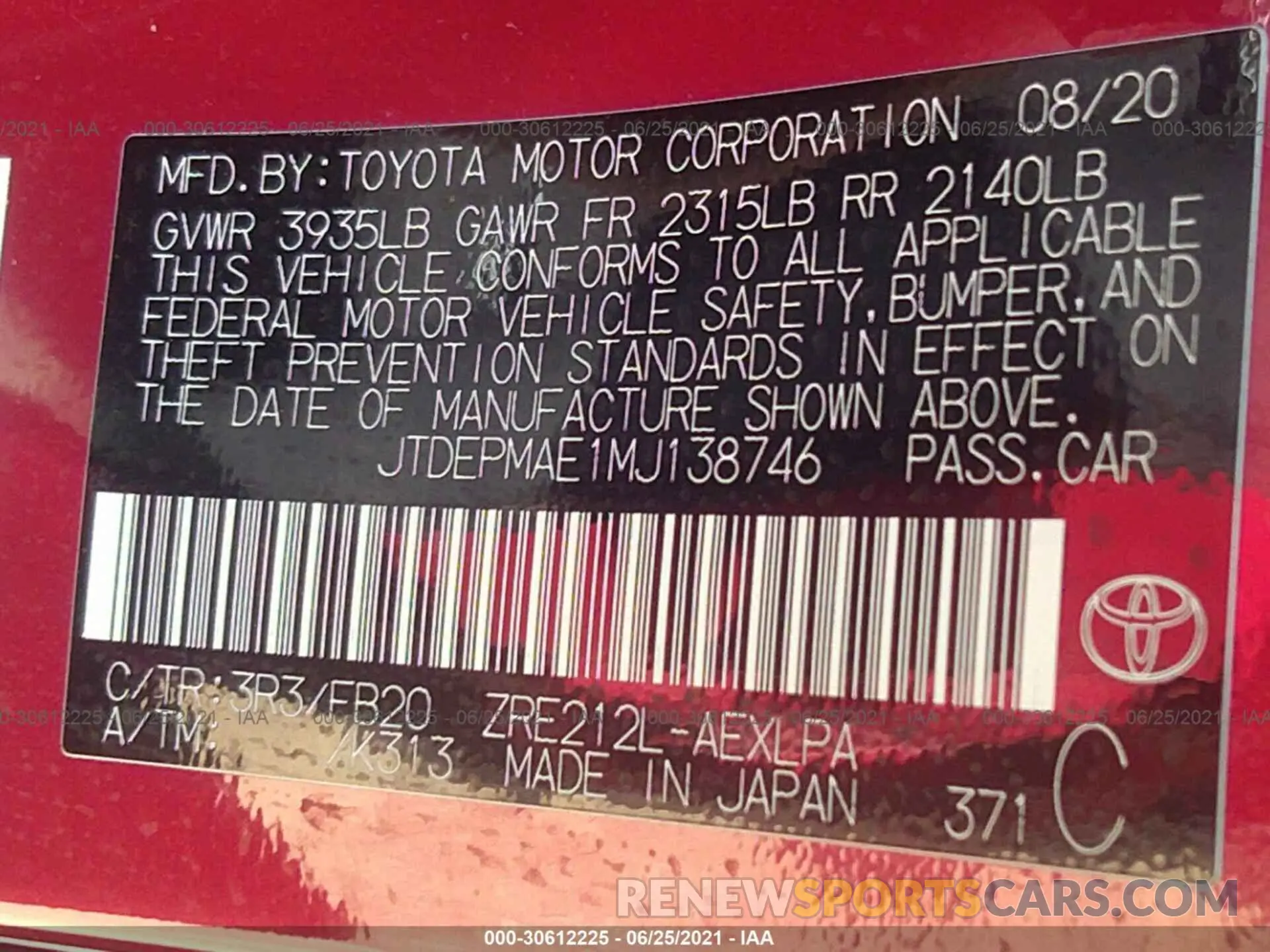 9 Photograph of a damaged car JTDEPMAE1MJ138746 TOYOTA COROLLA 2021