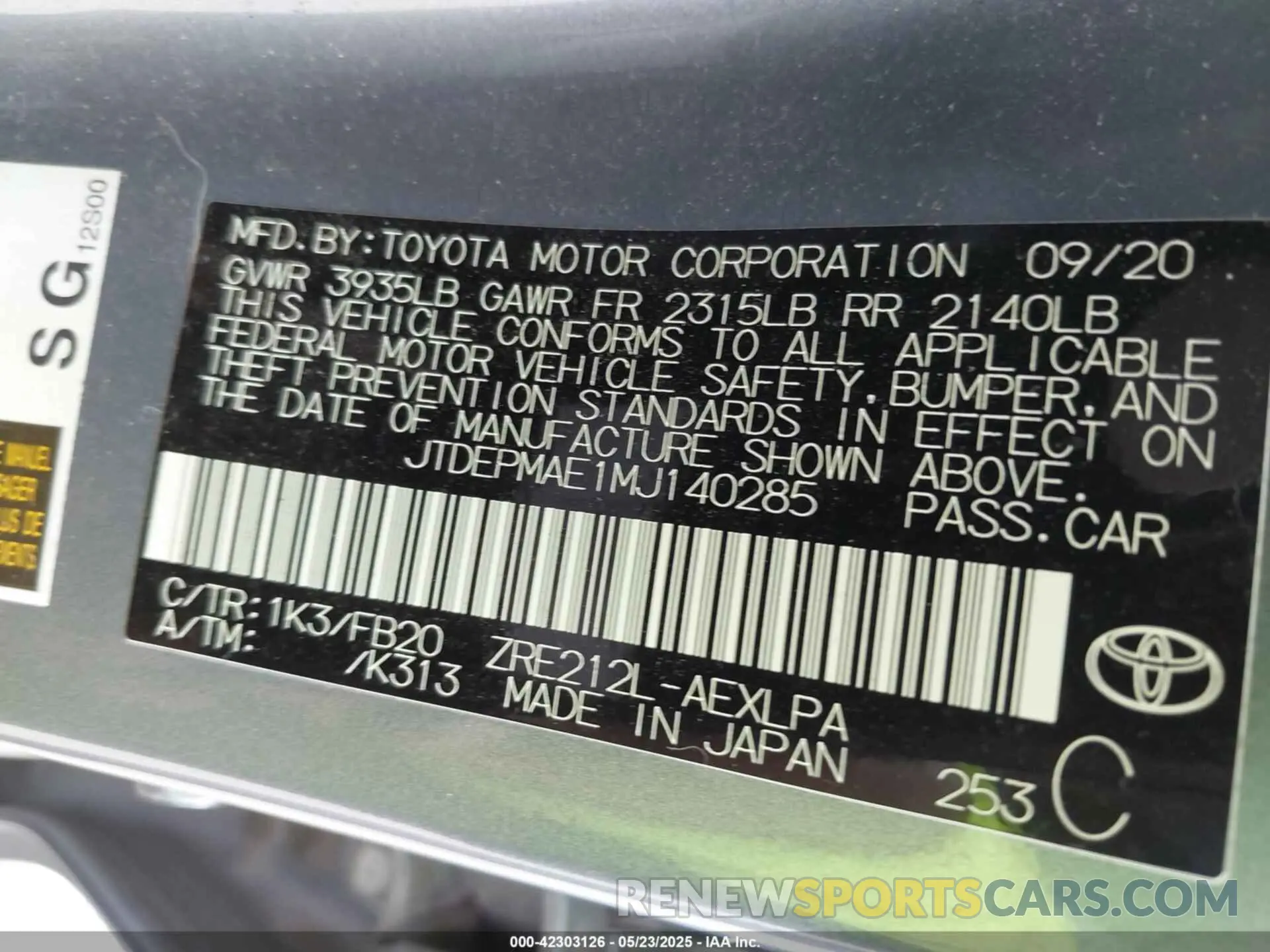 9 Фотография поврежденного автомобиля JTDEPMAE1MJ140285 TOYOTA COROLLA 2021