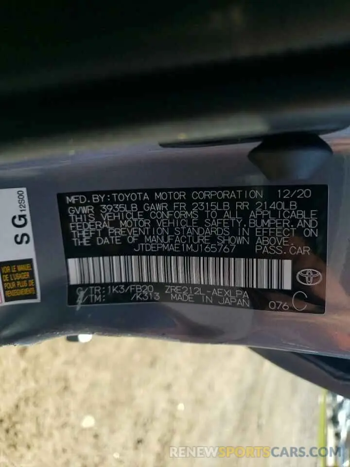 10 Photograph of a damaged car JTDEPMAE1MJ165767 TOYOTA COROLLA 2021