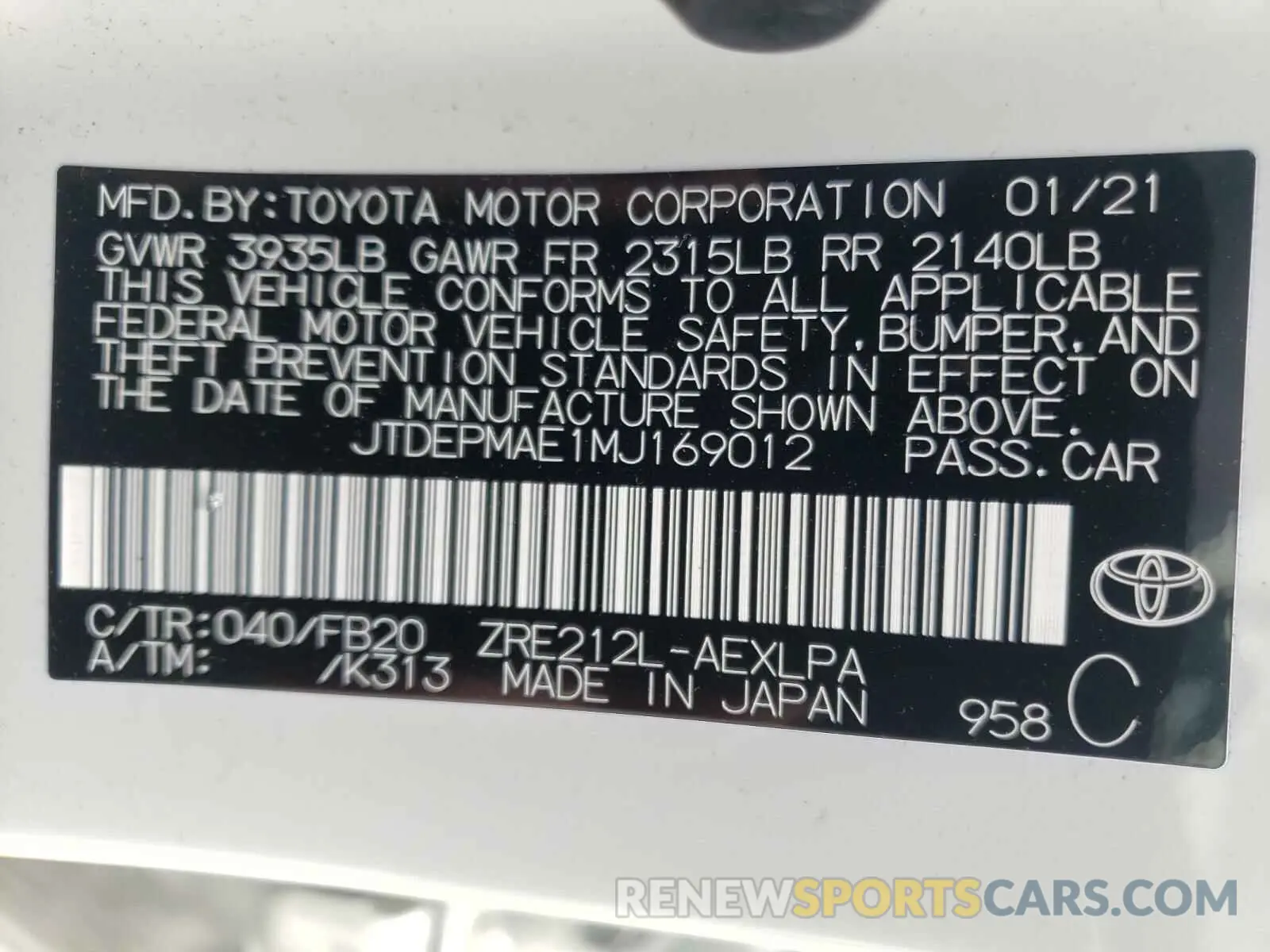 10 Photograph of a damaged car JTDEPMAE1MJ169012 TOYOTA COROLLA 2021