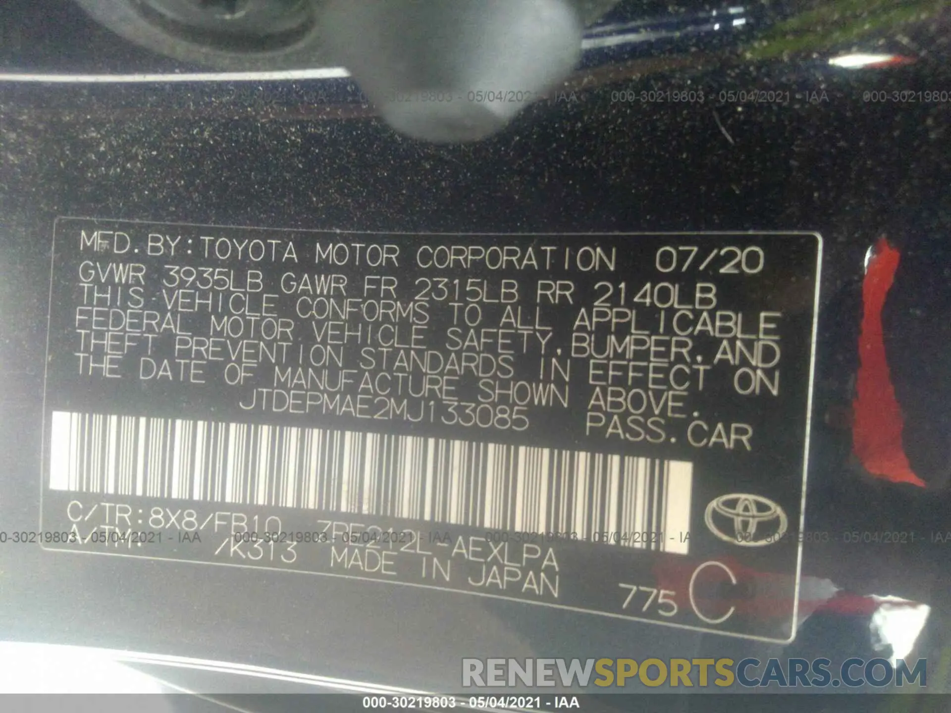9 Photograph of a damaged car JTDEPMAE2MJ133085 TOYOTA COROLLA 2021