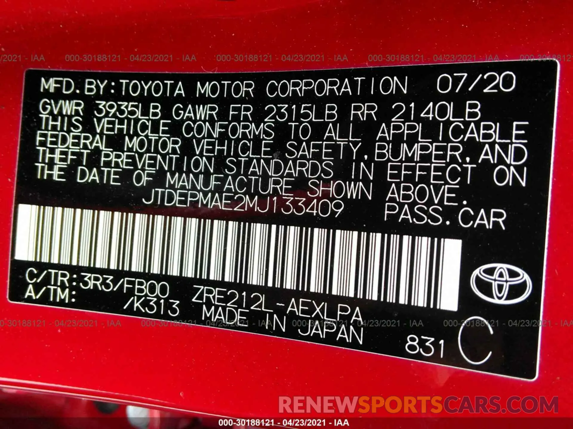 9 Photograph of a damaged car JTDEPMAE2MJ133409 TOYOTA COROLLA 2021