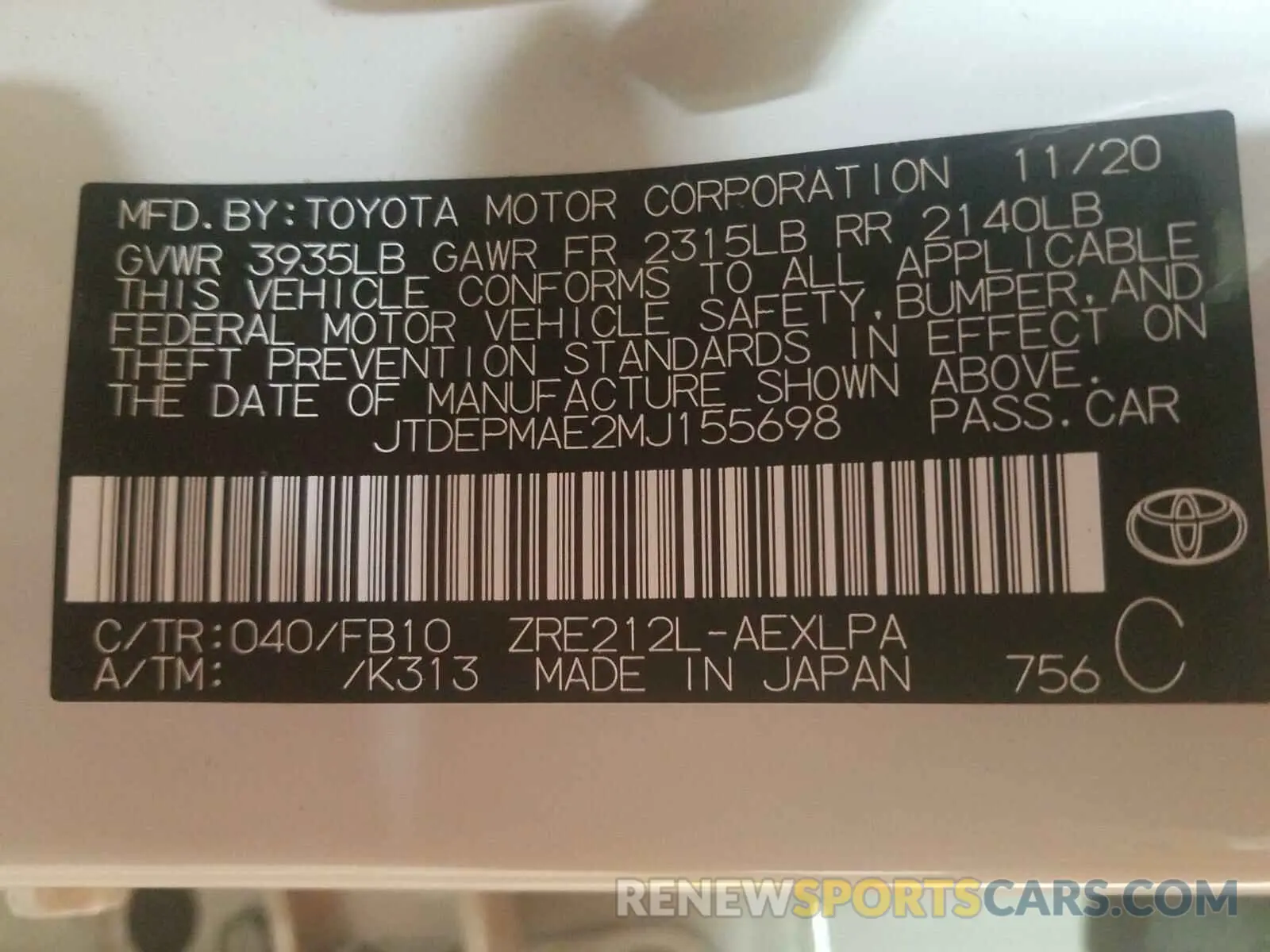 10 Photograph of a damaged car JTDEPMAE2MJ155698 TOYOTA COROLLA 2021