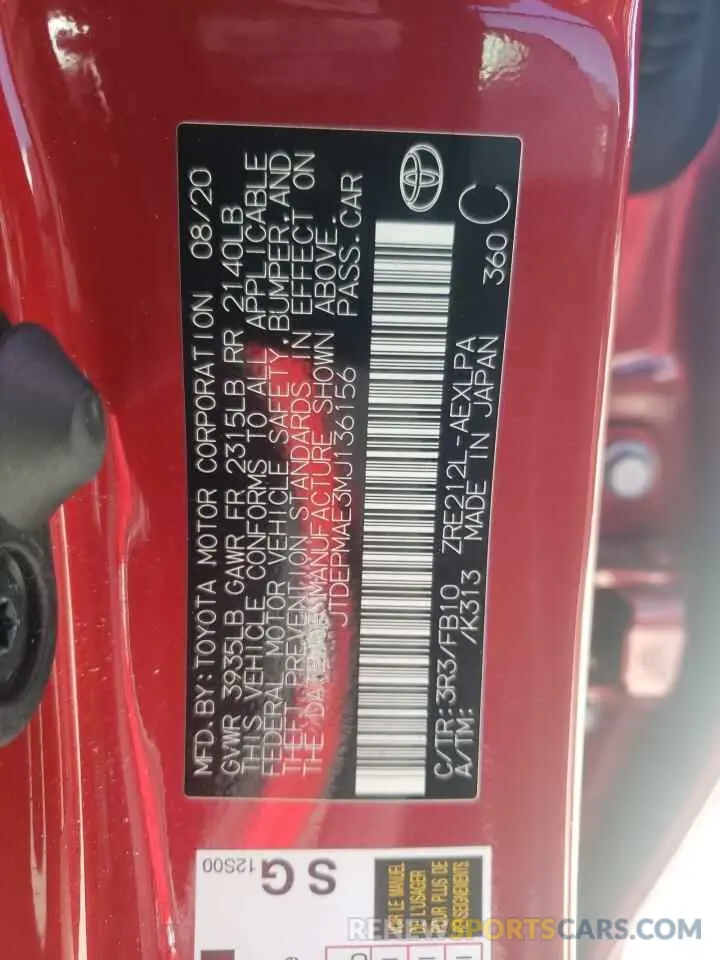 10 Photograph of a damaged car JTDEPMAE3MJ136156 TOYOTA COROLLA 2021